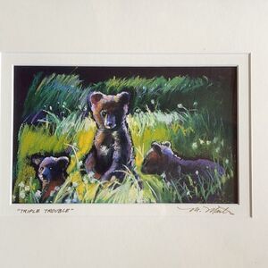 3 BEARS “TRIPLE TROUBLE” framed, matted and glass print signed by artist
